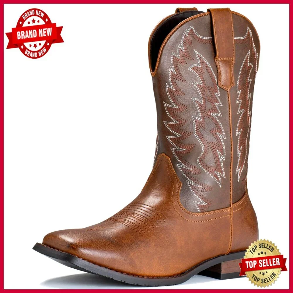 Men's Western Cowboy Boots Square Toe Slip On Durable Embroidered Work Boots